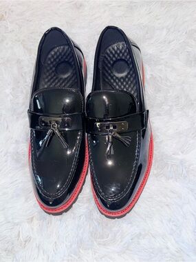 Black Patent Tassel Slip-On Loafers with Red Sole Accent